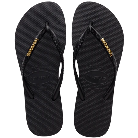 HAVAIANAS SLIM LOGO METALLIC JANDAL - BLACK/GOLD