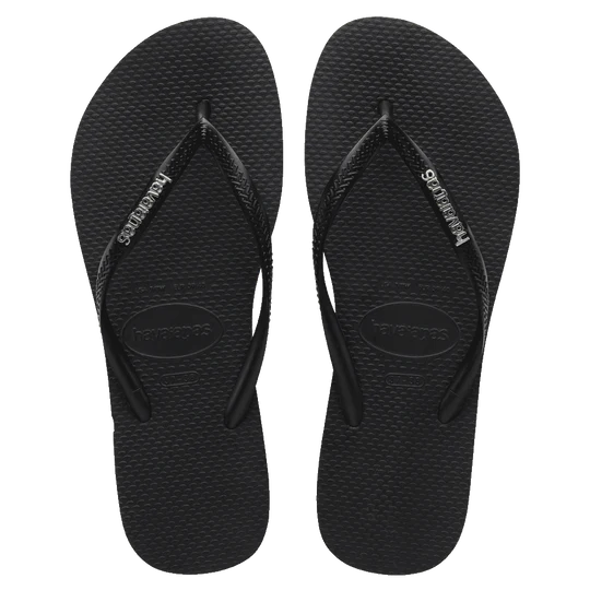 HAVAIANAS SLIM LOGO METALLIC JANDAL - BLACK/SILVER