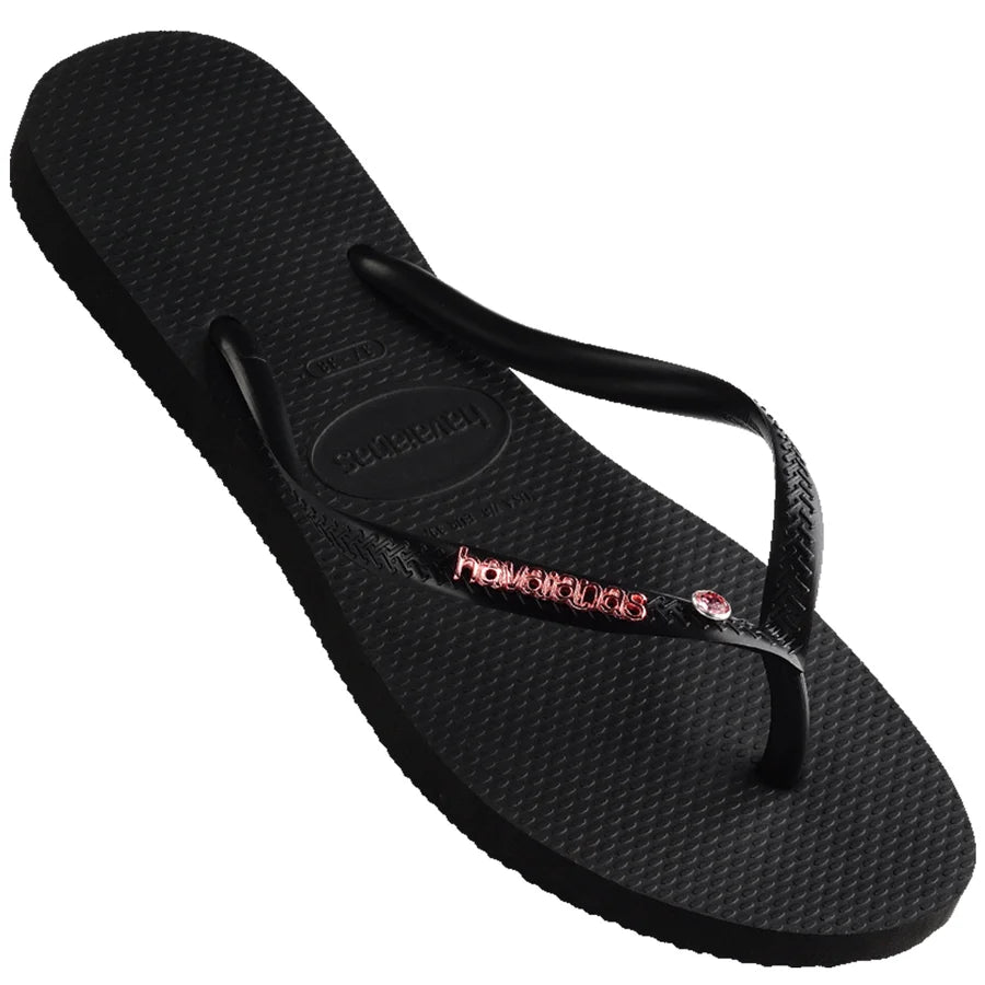 HAVAIANAS SLIM METAL LOGO CRYSTAL - BLACK/PINK