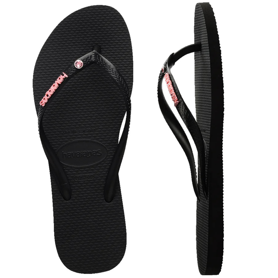 HAVAIANAS SLIM METAL LOGO CRYSTAL - BLACK/PINK