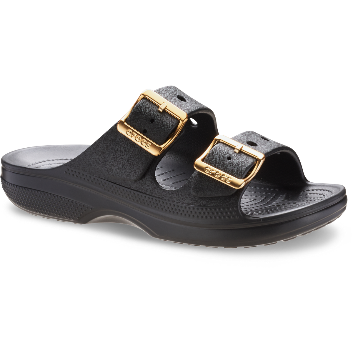 CROCS WOMENS METALLIC BUCKLE SATURDAY SANDAL - BLACK/GOLD