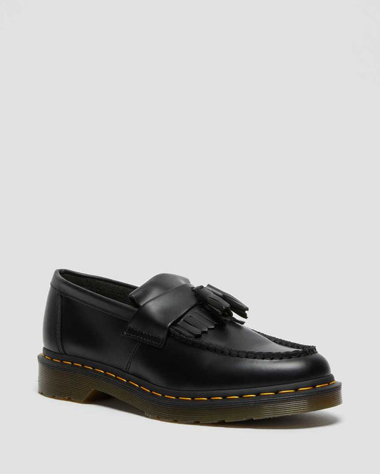 DR MARTENS ADRIAN YELLOW STITCH LEATHER TASSLE LOAFERS - BLACK VINTAGE