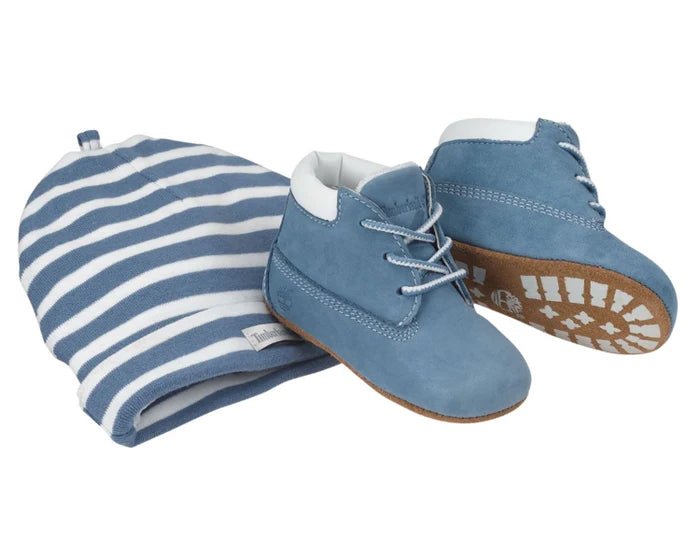 TIMBERLAND INFANT CRIB BOOTIES WITH HAT SET - BLUE NUBUCK